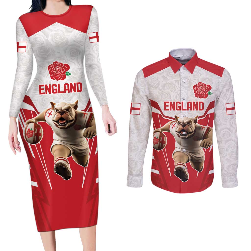 England Rugby Custom Couples Matching Long Sleeve Bodycon Dress and Long Sleeve Button Shirt English Bull Dog Mascot Sporty