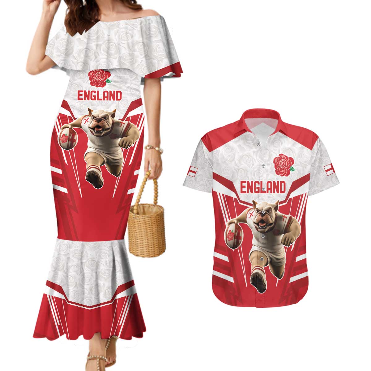 England Rugby Custom Couples Matching Mermaid Dress and Hawaiian Shirt English Bull Dog Mascot Sporty