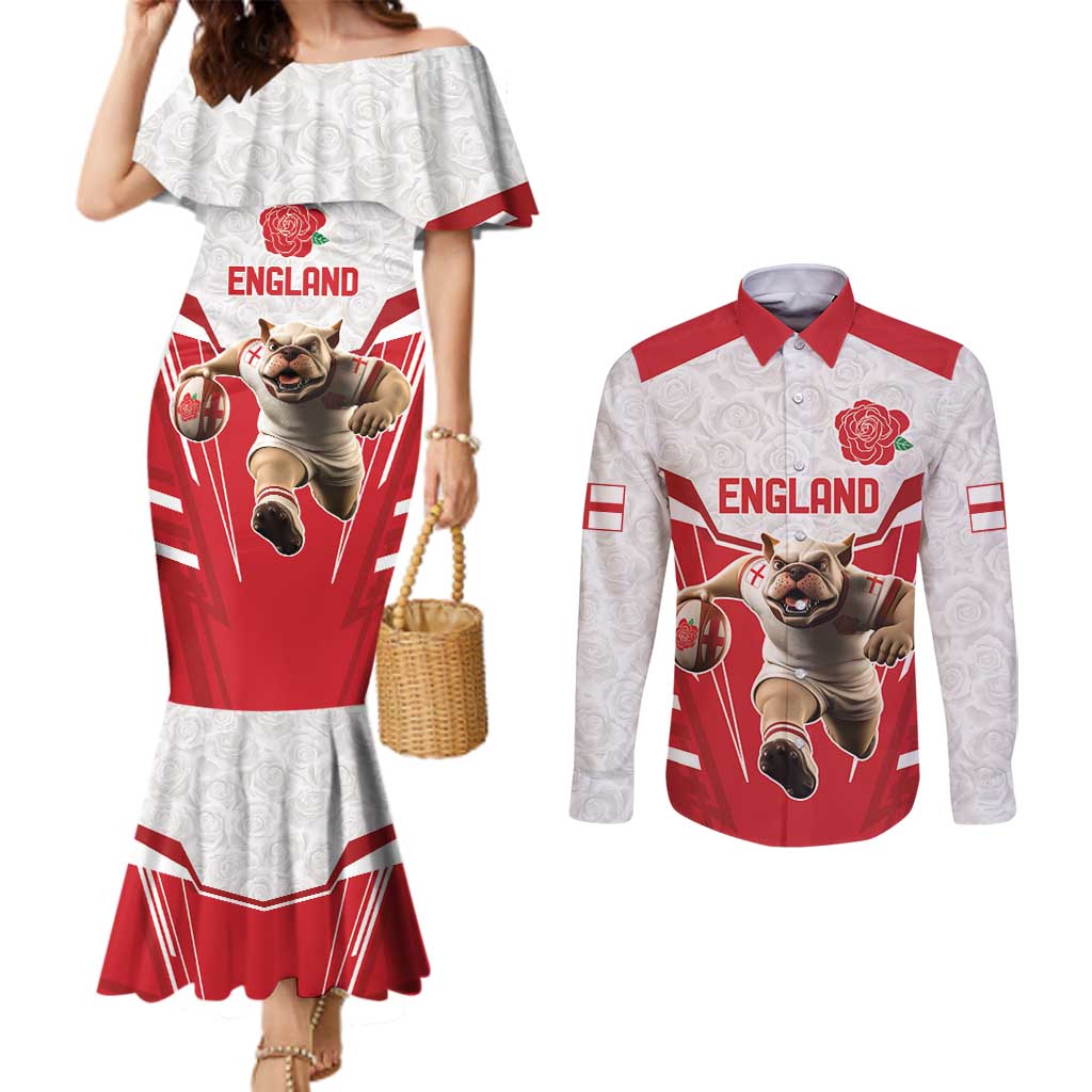 England Rugby Custom Couples Matching Mermaid Dress and Long Sleeve Button Shirt English Bull Dog Mascot Sporty