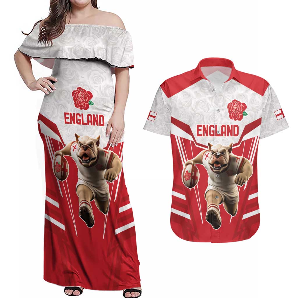 England Rugby Custom Couples Matching Off Shoulder Maxi Dress and Hawaiian Shirt English Bull Dog Mascot Sporty
