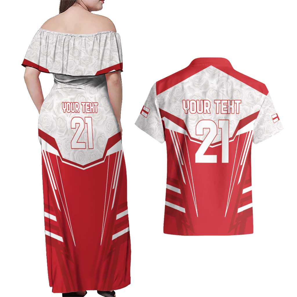 England Rugby Custom Couples Matching Off Shoulder Maxi Dress and Hawaiian Shirt English Bull Dog Mascot Sporty