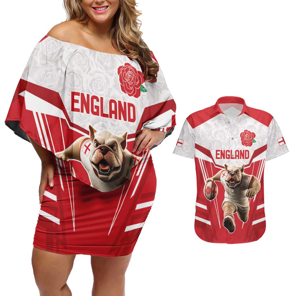 England Rugby Custom Couples Matching Off Shoulder Short Dress and Hawaiian Shirt English Bull Dog Mascot Sporty