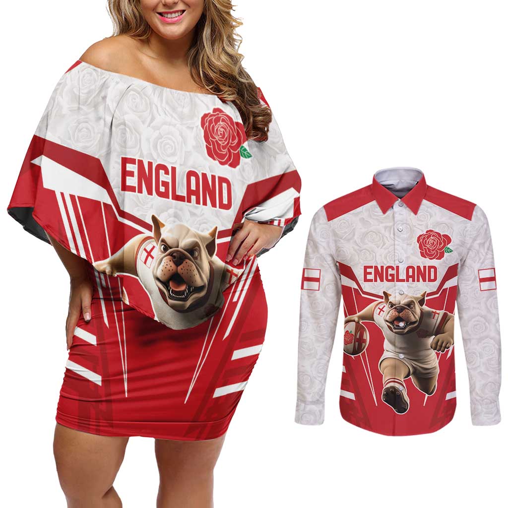 England Rugby Custom Couples Matching Off Shoulder Short Dress and Long Sleeve Button Shirt English Bull Dog Mascot Sporty