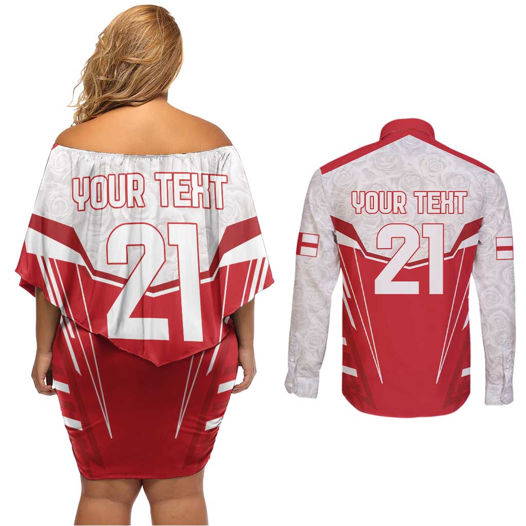 England Rugby Custom Couples Matching Off Shoulder Short Dress and Long Sleeve Button Shirt English Bull Dog Mascot Sporty