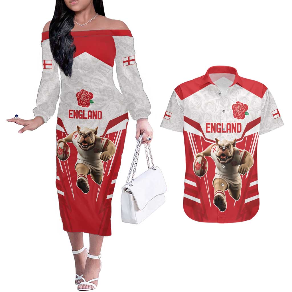 England Rugby Custom Couples Matching Off The Shoulder Long Sleeve Dress and Hawaiian Shirt English Bull Dog Mascot Sporty