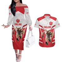 England Rugby Custom Couples Matching Off The Shoulder Long Sleeve Dress and Hawaiian Shirt English Bull Dog Mascot Sporty