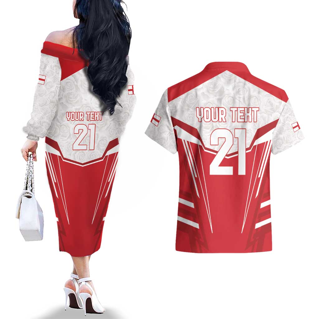 England Rugby Custom Couples Matching Off The Shoulder Long Sleeve Dress and Hawaiian Shirt English Bull Dog Mascot Sporty