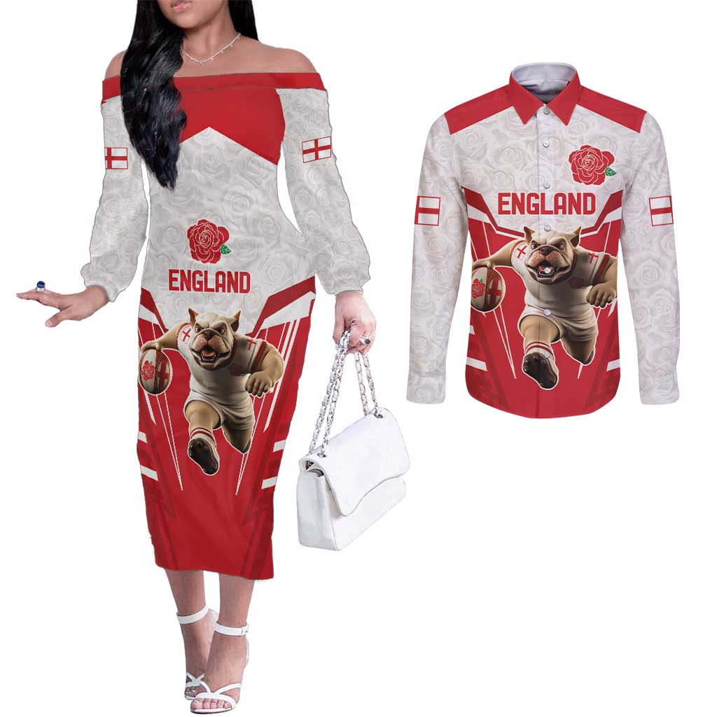 England Rugby Custom Couples Matching Off The Shoulder Long Sleeve Dress and Long Sleeve Button Shirt English Bull Dog Mascot Sporty