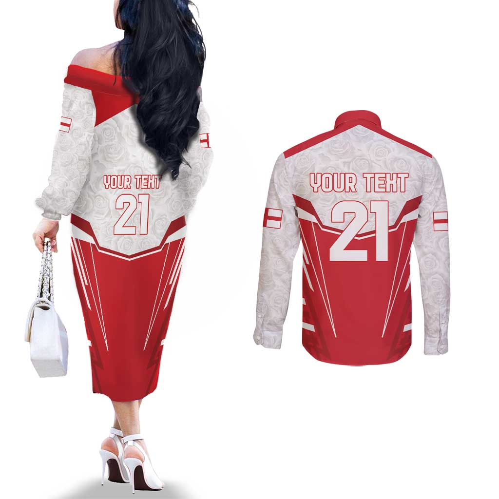 England Rugby Custom Couples Matching Off The Shoulder Long Sleeve Dress and Long Sleeve Button Shirt English Bull Dog Mascot Sporty