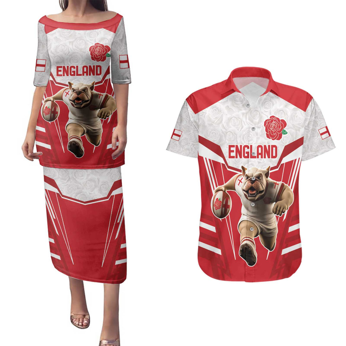 England Rugby Custom Couples Matching Puletasi and Hawaiian Shirt English Bull Dog Mascot Sporty