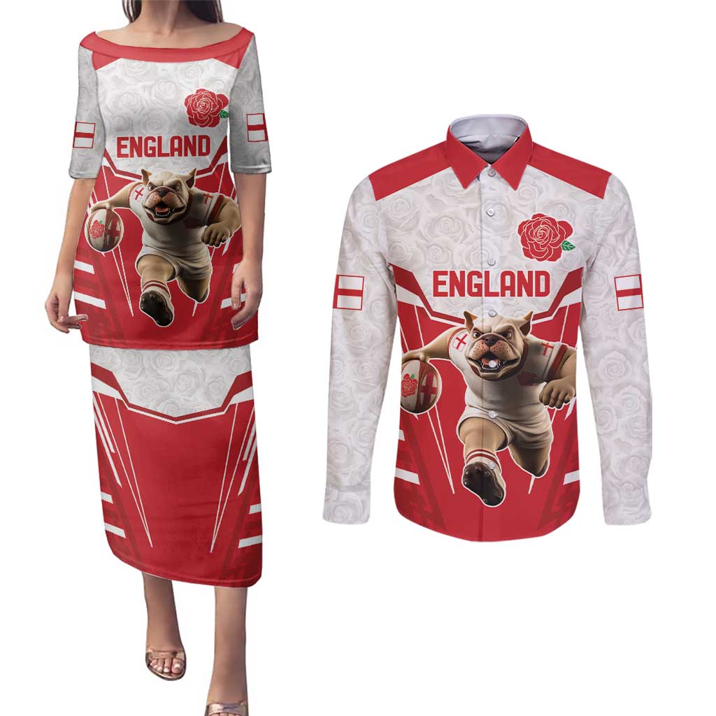 England Rugby Custom Couples Matching Puletasi and Long Sleeve Button Shirt English Bull Dog Mascot Sporty