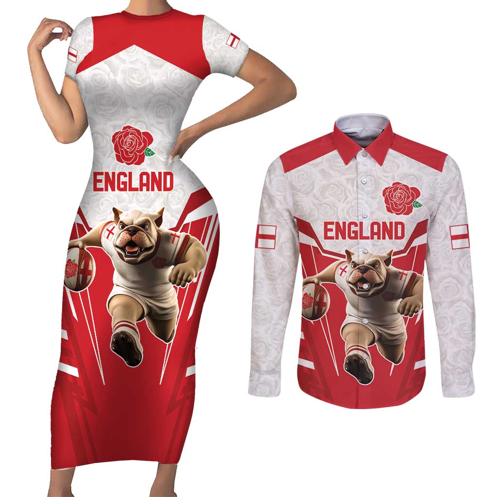 England Rugby Custom Couples Matching Short Sleeve Bodycon Dress and Long Sleeve Button Shirt English Bull Dog Mascot Sporty