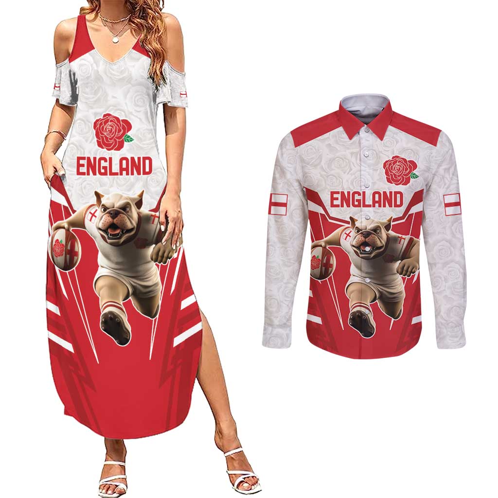 England Rugby Custom Couples Matching Summer Maxi Dress and Long Sleeve Button Shirt English Bull Dog Mascot Sporty