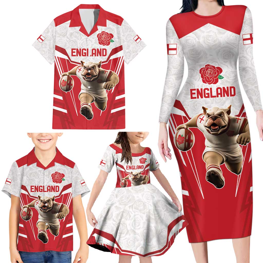 England Rugby Custom Family Matching Long Sleeve Bodycon Dress and Hawaiian Shirt English Bull Dog Mascot Sporty
