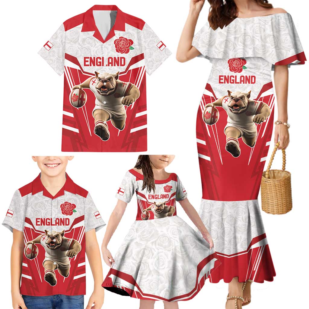 England Rugby Custom Family Matching Mermaid Dress and Hawaiian Shirt English Bull Dog Mascot Sporty