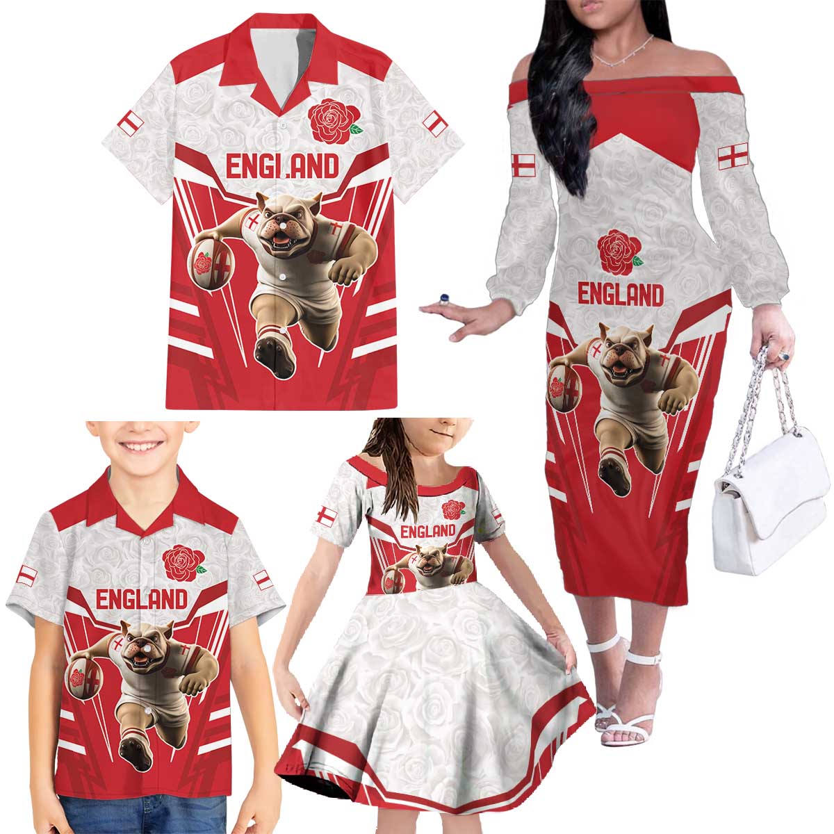 England Rugby Custom Family Matching Off The Shoulder Long Sleeve Dress and Hawaiian Shirt English Bull Dog Mascot Sporty