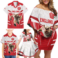 England Rugby Custom Family Matching Off Shoulder Short Dress and Hawaiian Shirt English Bull Dog Mascot Sporty