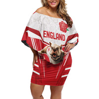 England Rugby Custom Family Matching Off Shoulder Short Dress and Hawaiian Shirt English Bull Dog Mascot Sporty