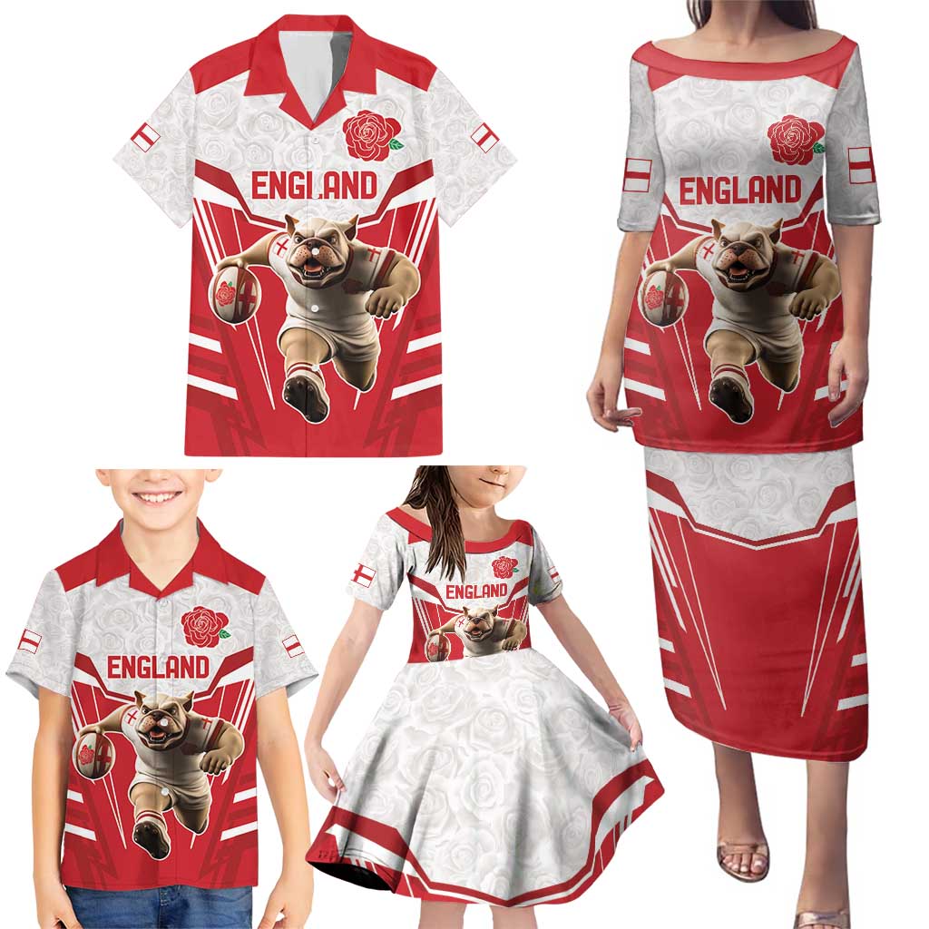 England Rugby Custom Family Matching Puletasi and Hawaiian Shirt English Bull Dog Mascot Sporty