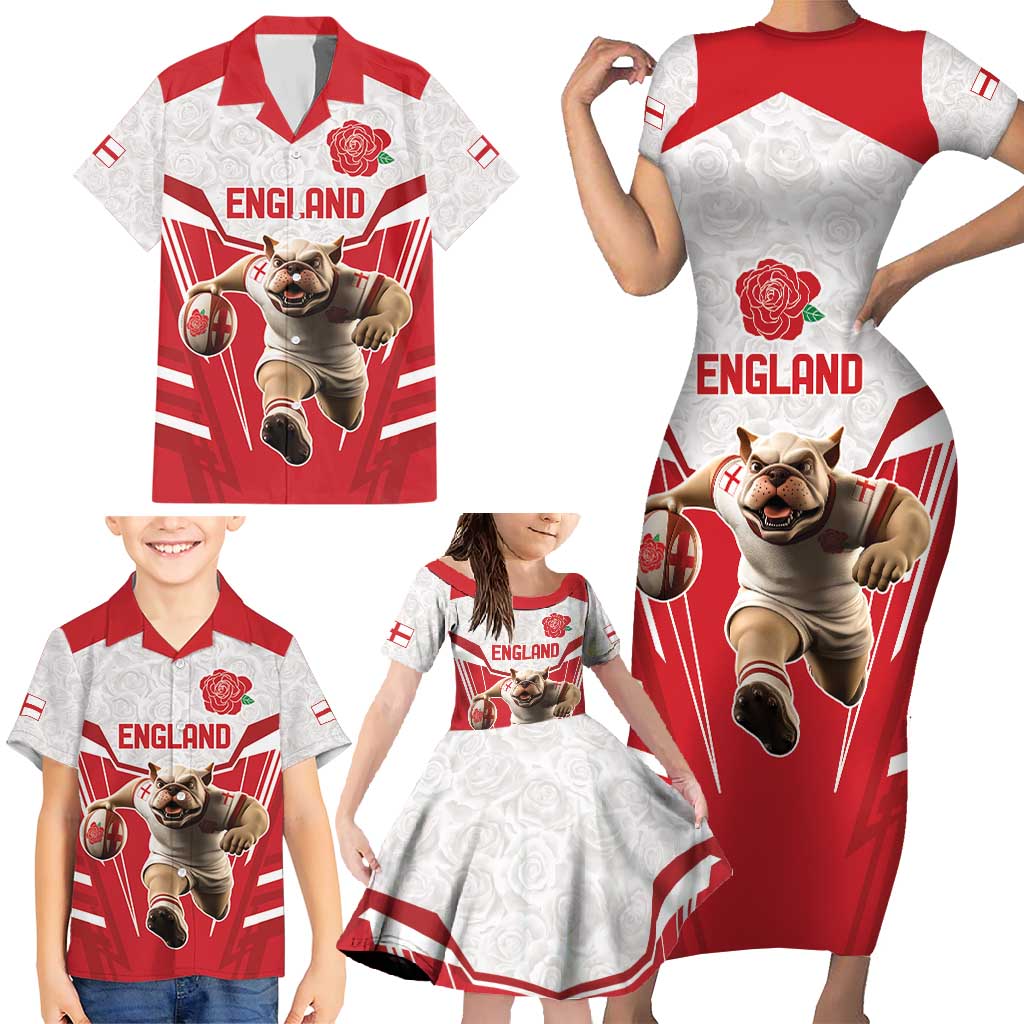England Rugby Custom Family Matching Short Sleeve Bodycon Dress and Hawaiian Shirt English Bull Dog Mascot Sporty