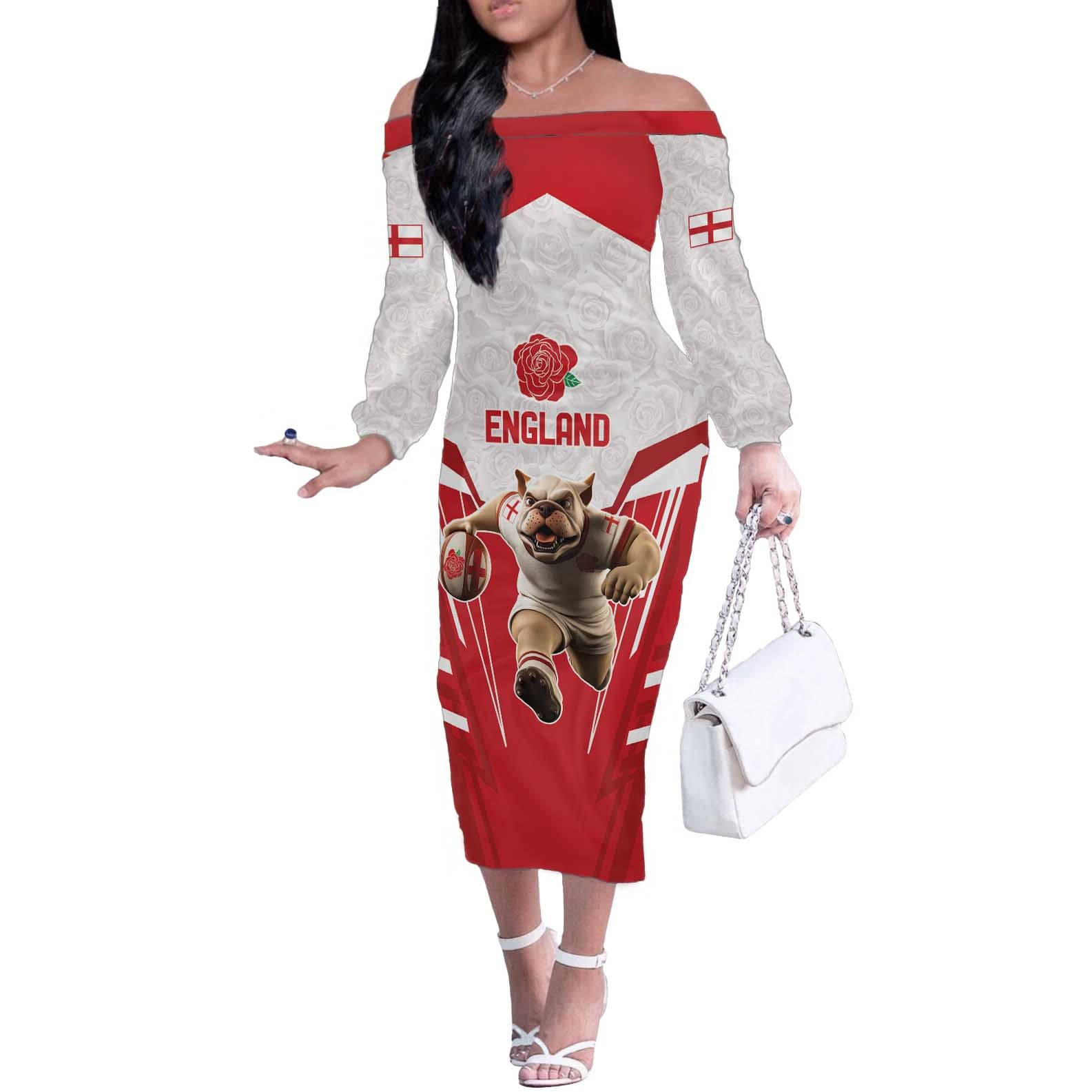 England Rugby Custom Off The Shoulder Long Sleeve Dress English Bull Dog Mascot Sporty