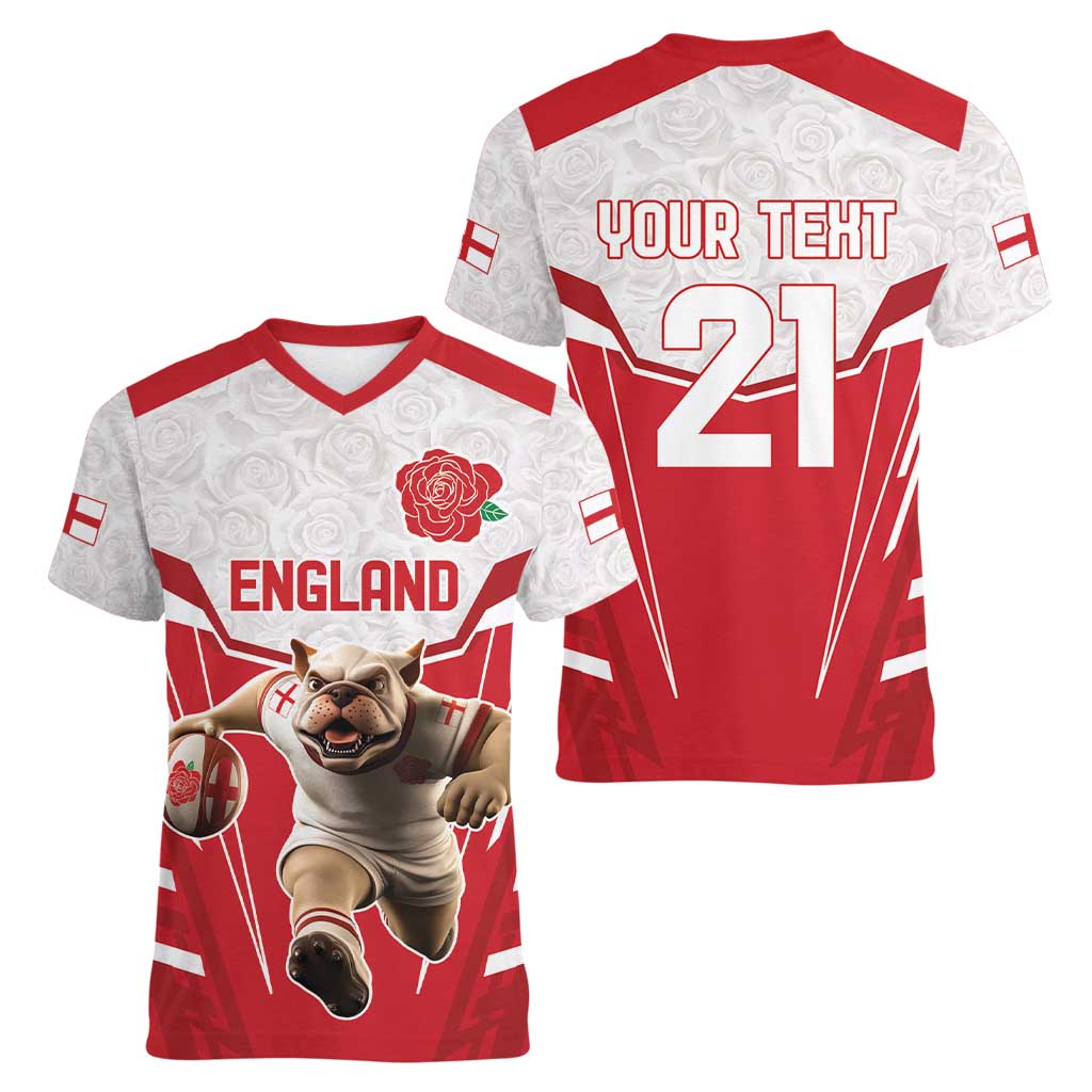 England Rugby Custom Women V-Neck T-Shirt English Bull Dog Mascot Sporty