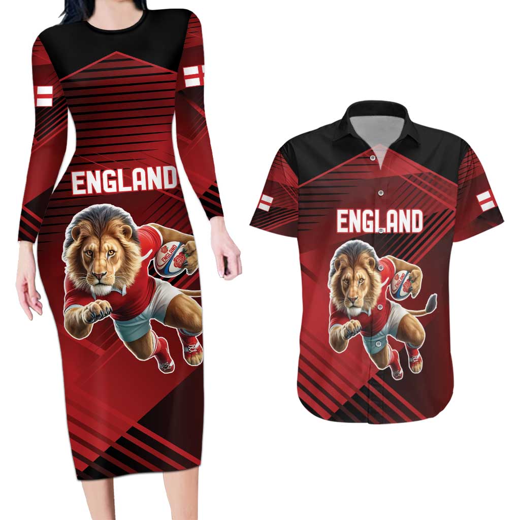 England Rugby Custom Couples Matching Long Sleeve Bodycon Dress and Hawaiian Shirt Lion Mascot Sporty