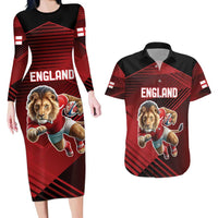 England Rugby Custom Couples Matching Long Sleeve Bodycon Dress and Hawaiian Shirt Lion Mascot Sporty