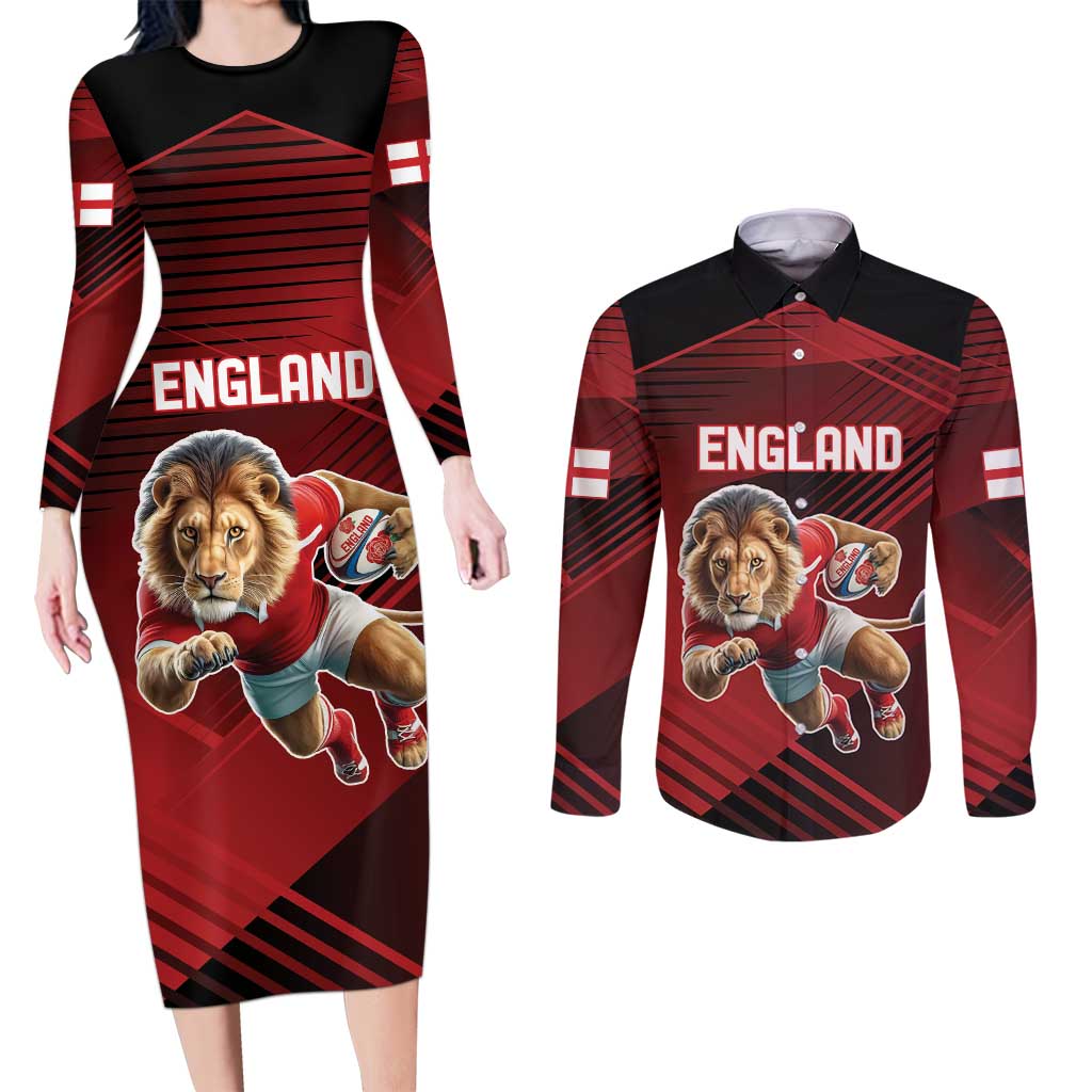 England Rugby Custom Couples Matching Long Sleeve Bodycon Dress and Long Sleeve Button Shirt Lion Mascot Sporty