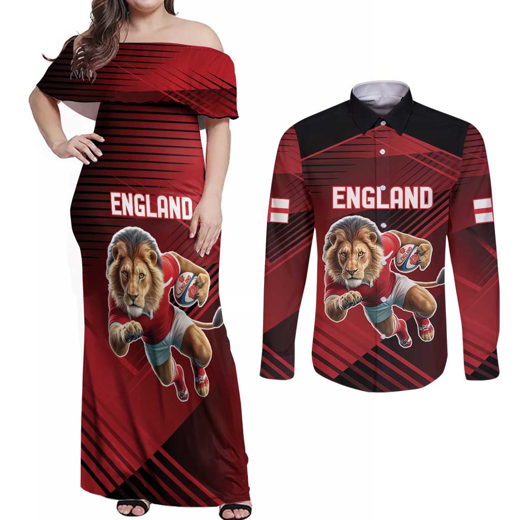 England Rugby Custom Couples Matching Off Shoulder Maxi Dress and Long Sleeve Button Shirt Lion Mascot Sporty
