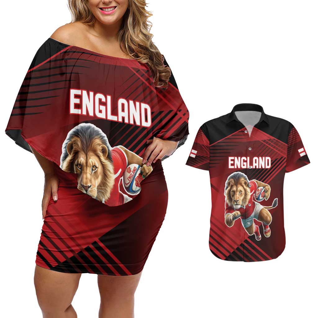 England Rugby Custom Couples Matching Off Shoulder Short Dress and Hawaiian Shirt Lion Mascot Sporty