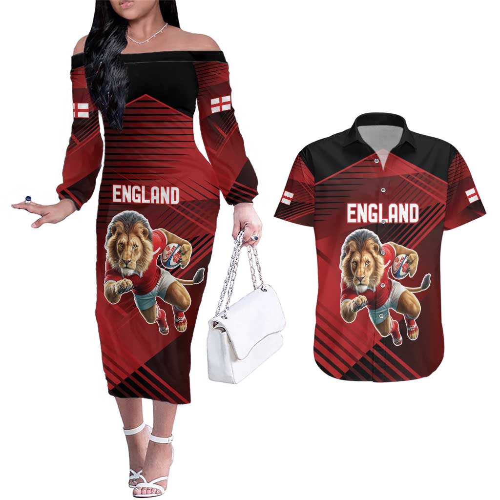 England Rugby Custom Couples Matching Off The Shoulder Long Sleeve Dress and Hawaiian Shirt Lion Mascot Sporty