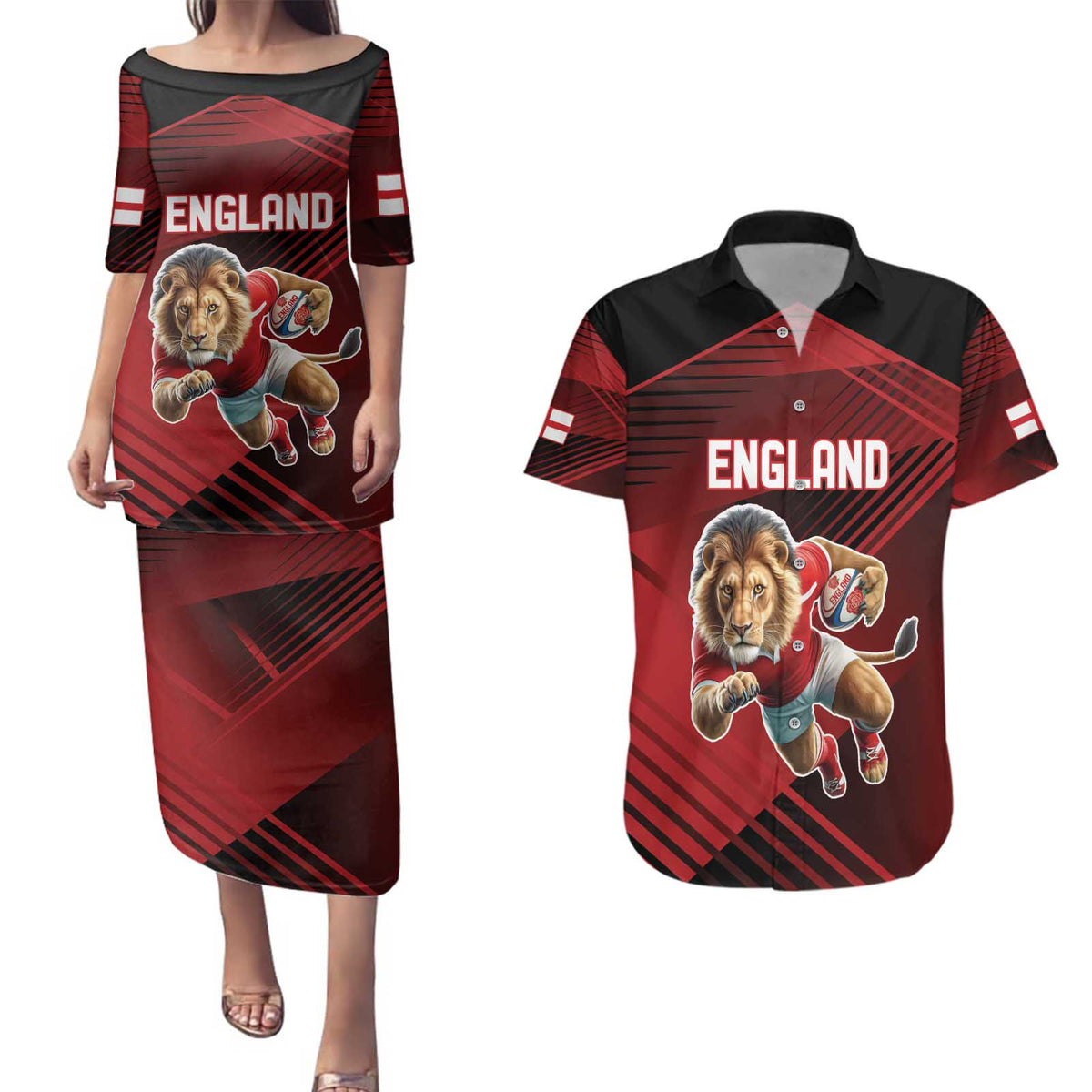 England Rugby Custom Couples Matching Puletasi and Hawaiian Shirt Lion Mascot Sporty