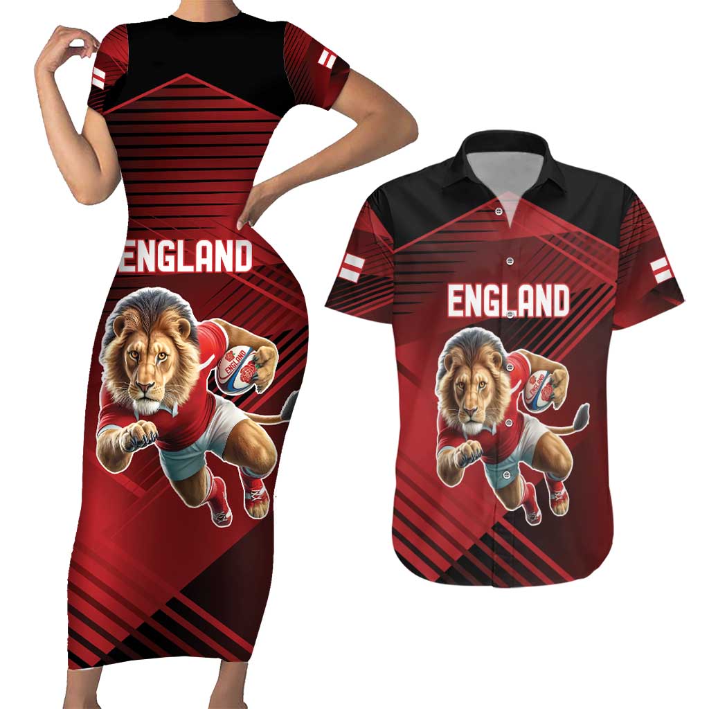 England Rugby Custom Couples Matching Short Sleeve Bodycon Dress and Hawaiian Shirt Lion Mascot Sporty