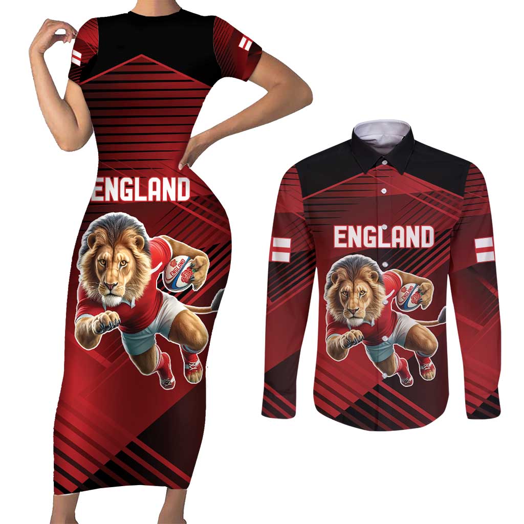 England Rugby Custom Couples Matching Short Sleeve Bodycon Dress and Long Sleeve Button Shirt Lion Mascot Sporty