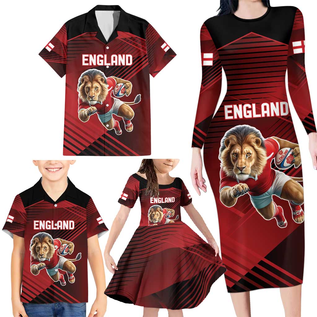 England Rugby Custom Family Matching Long Sleeve Bodycon Dress and Hawaiian Shirt Lion Mascot Sporty