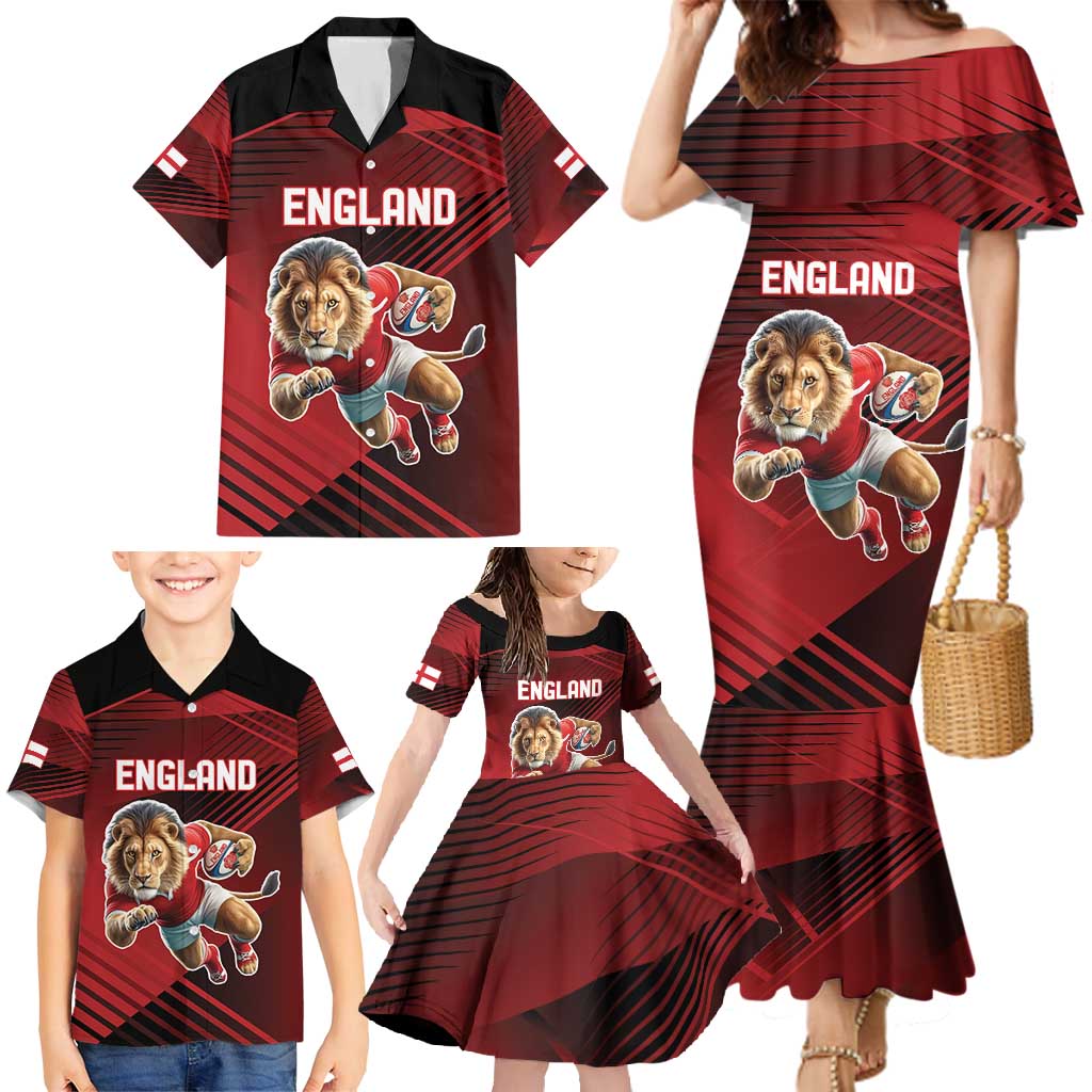 England Rugby Custom Family Matching Mermaid Dress and Hawaiian Shirt Lion Mascot Sporty