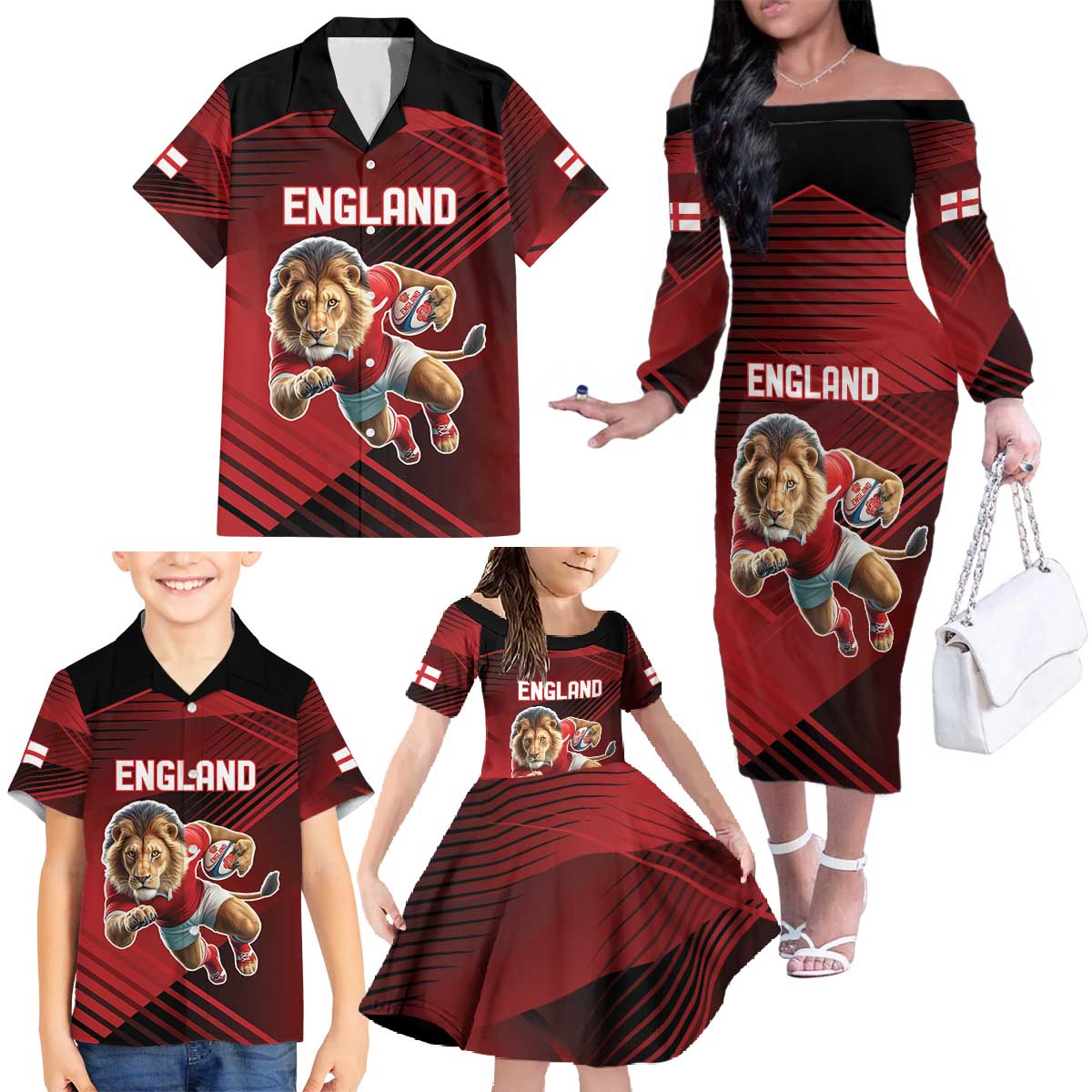 England Rugby Custom Family Matching Off The Shoulder Long Sleeve Dress and Hawaiian Shirt Lion Mascot Sporty