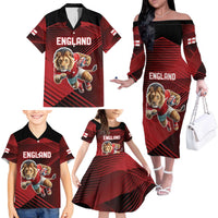 England Rugby Custom Family Matching Off The Shoulder Long Sleeve Dress and Hawaiian Shirt Lion Mascot Sporty
