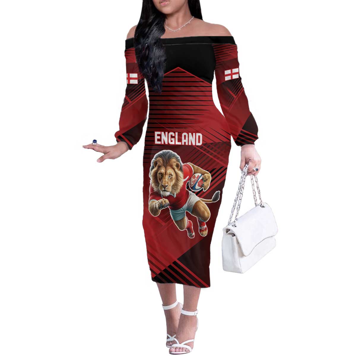 England Rugby Custom Family Matching Off The Shoulder Long Sleeve Dress and Hawaiian Shirt Lion Mascot Sporty