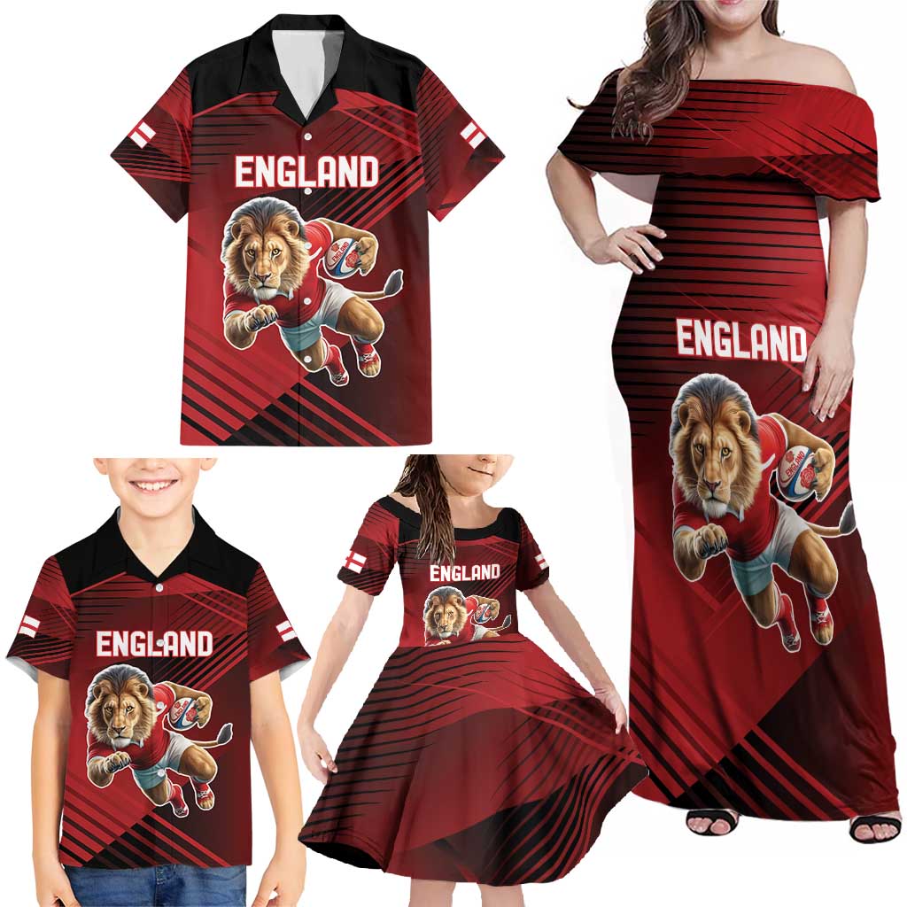 England Rugby Custom Family Matching Off Shoulder Maxi Dress and Hawaiian Shirt Lion Mascot Sporty