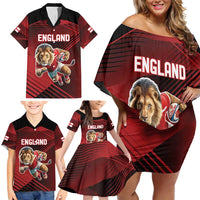 England Rugby Custom Family Matching Off Shoulder Short Dress and Hawaiian Shirt Lion Mascot Sporty
