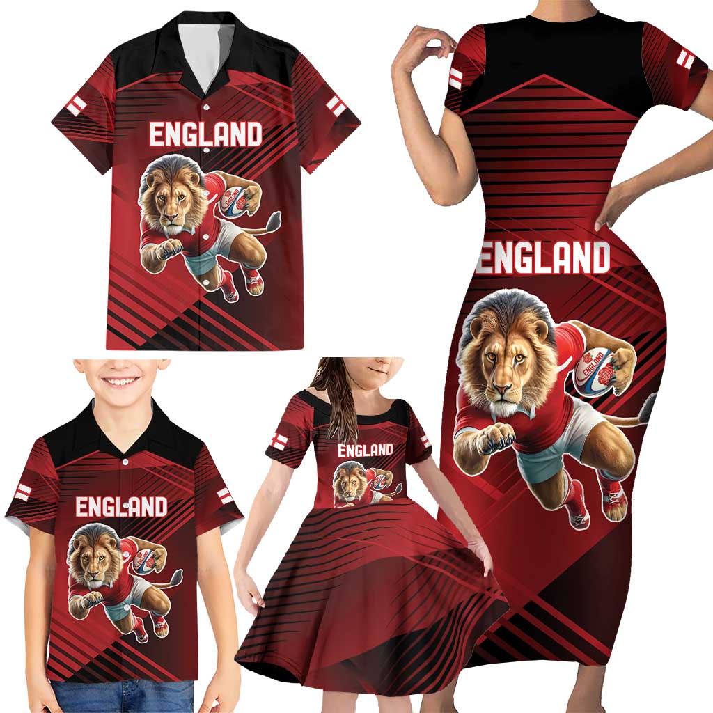 England Rugby Custom Family Matching Short Sleeve Bodycon Dress and Hawaiian Shirt Lion Mascot Sporty