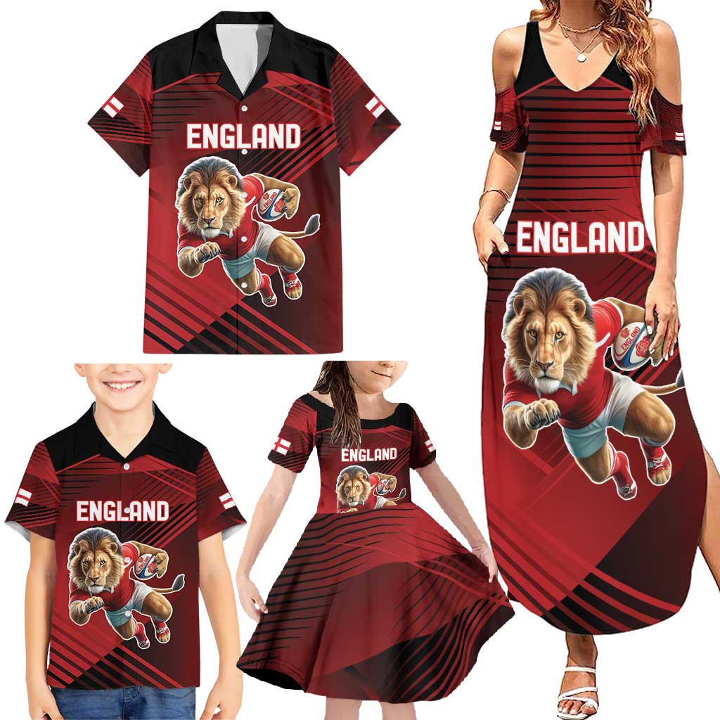 England Rugby Custom Family Matching Summer Maxi Dress and Hawaiian Shirt Lion Mascot Sporty