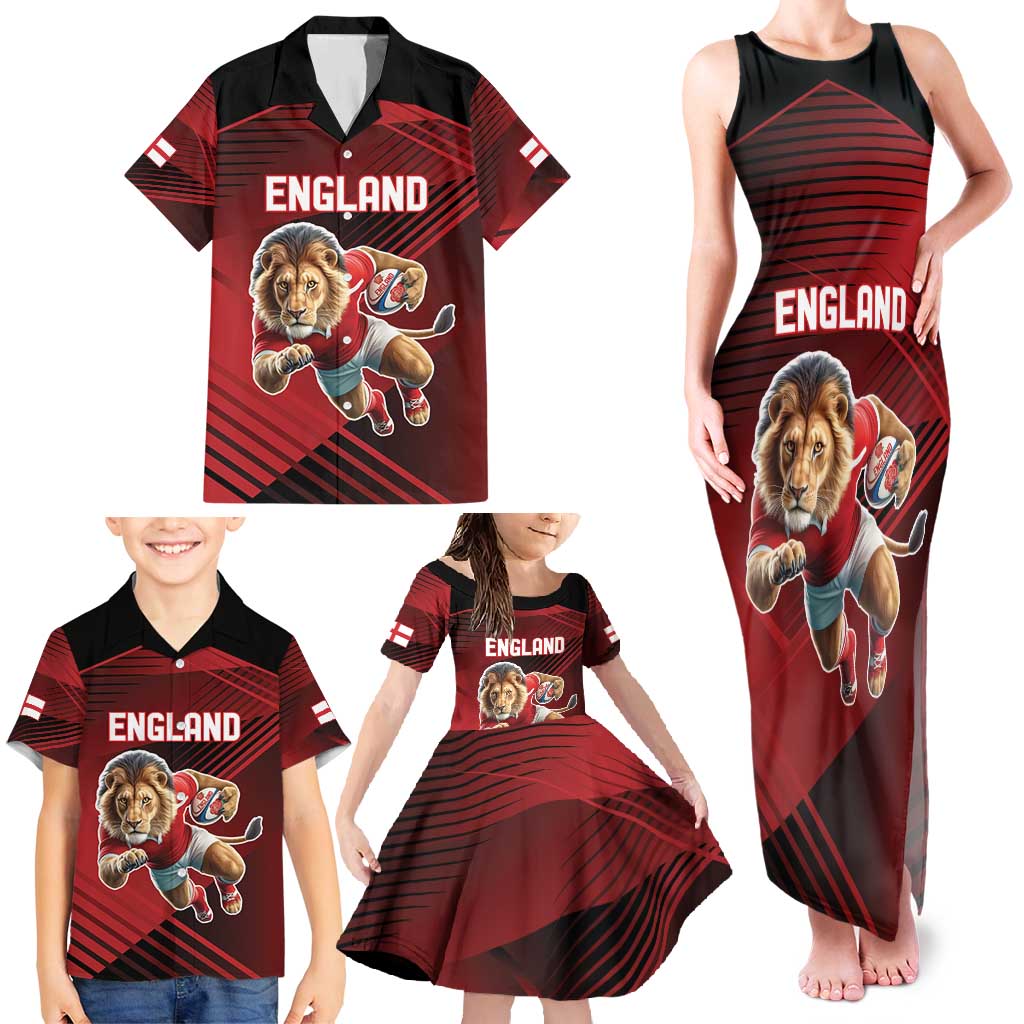England Rugby Custom Family Matching Tank Maxi Dress and Hawaiian Shirt Lion Mascot Sporty