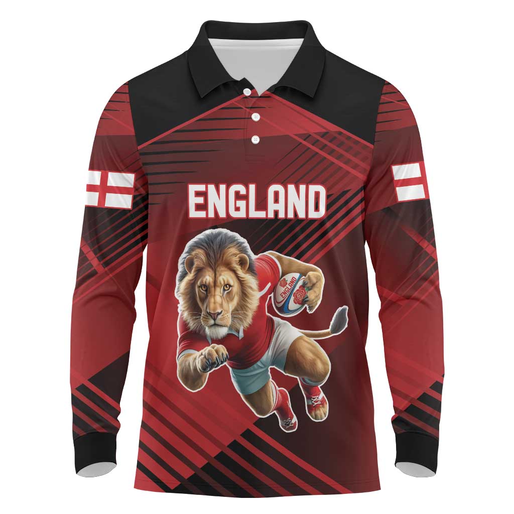 England Rugby Custom Long Sleeve Polo Shirt Lion Mascot Sporty