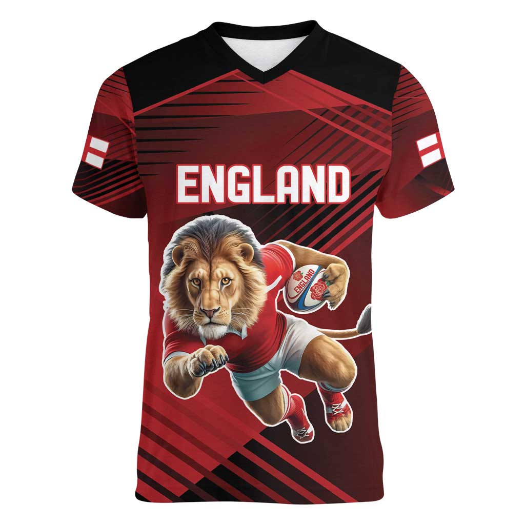 England Rugby Custom Women V-Neck T-Shirt Lion Mascot Sporty