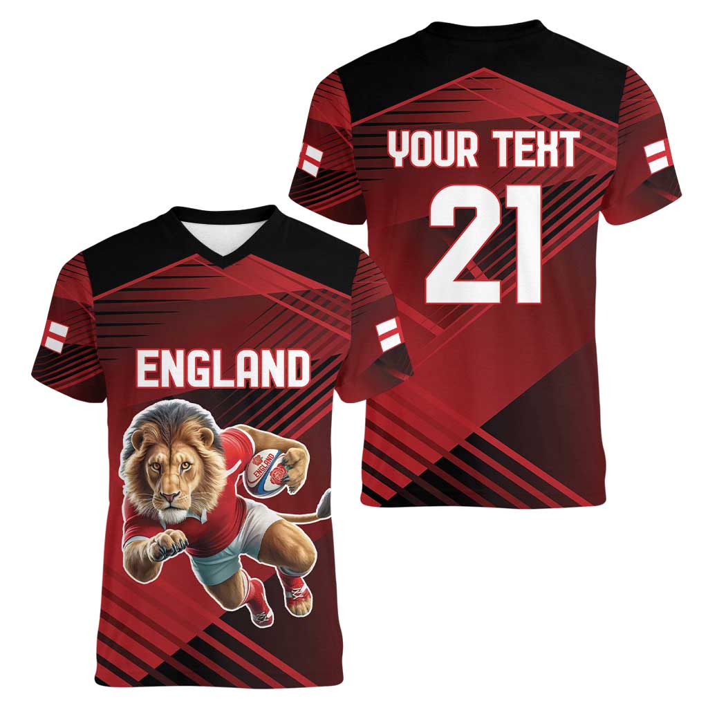 England Rugby Custom Women V-Neck T-Shirt Lion Mascot Sporty