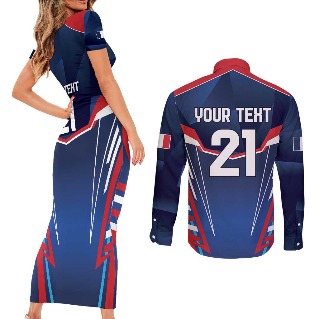 France Rugby Custom Couples Matching Short Sleeve Bodycon Dress and Long Sleeve Button Shirt Coq Gaulois Never Less Than Everything