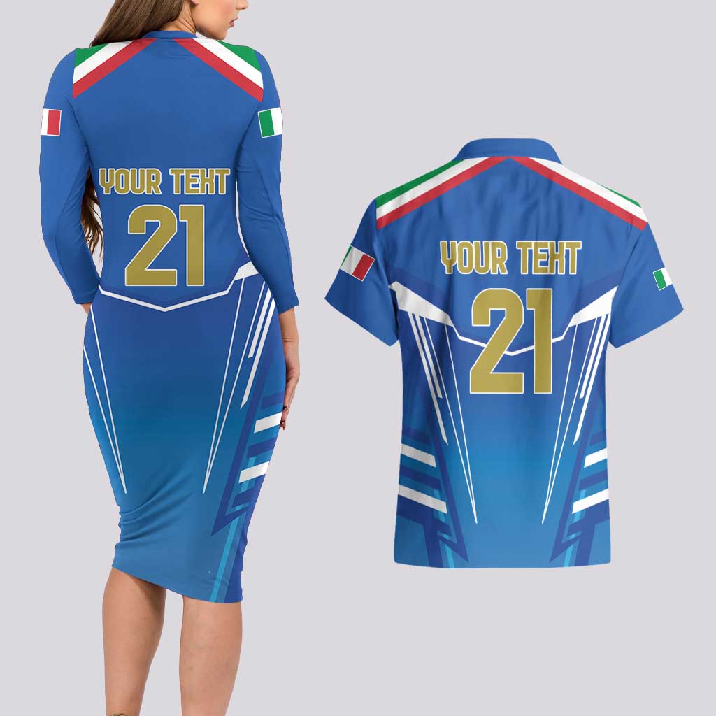 Italy Rugby Custom Couples Matching Long Sleeve Bodycon Dress and Hawaiian Shirt Italian Wolf Mascot Go Gli Azzurri